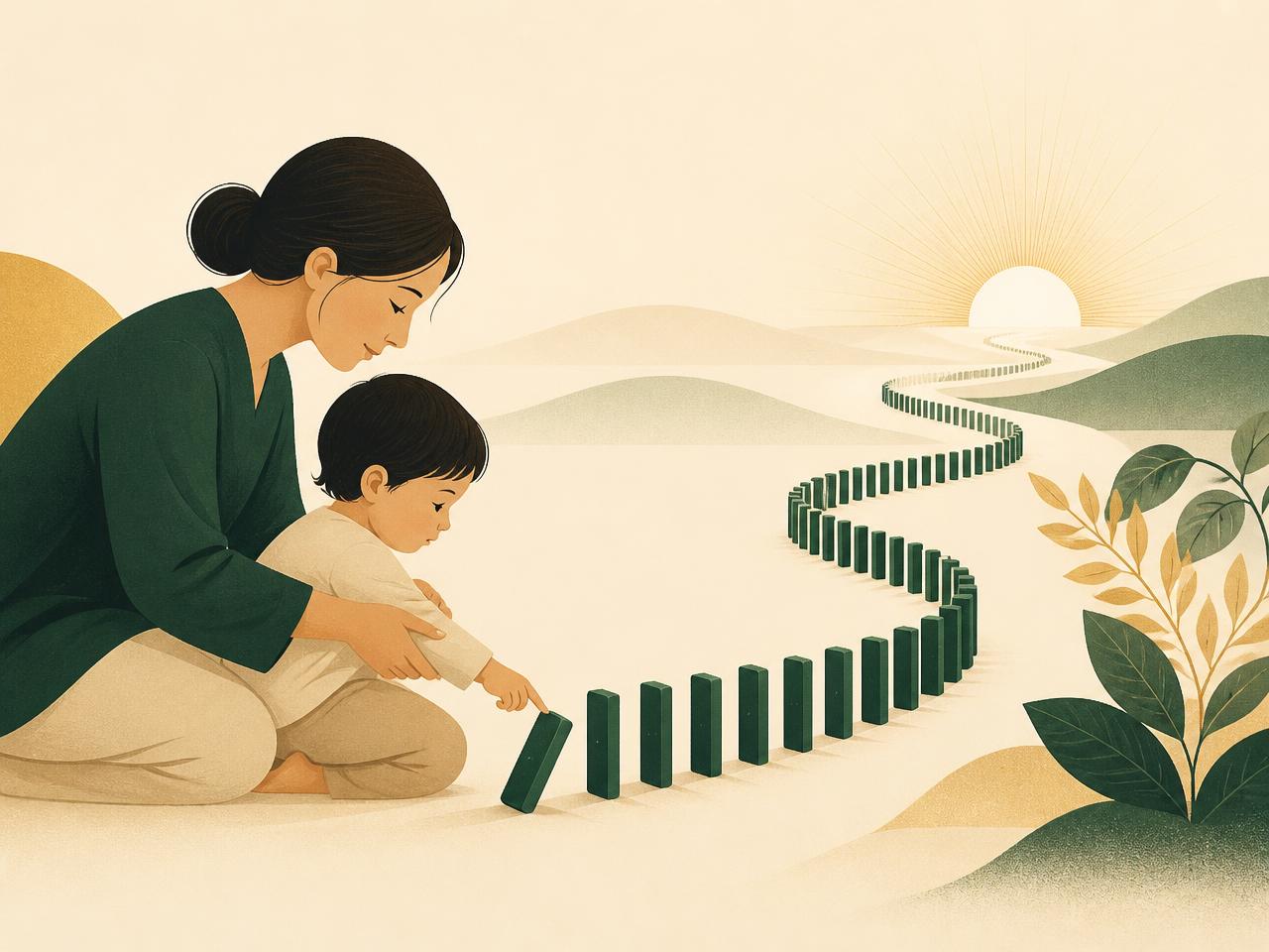 A parent guiding their child to tip the first domino on a path curving toward the sunrise